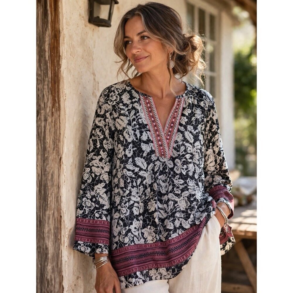 J Peterman Womens Peasant Top Sz Medium Black Floral Boho Popover Blouse Shirt